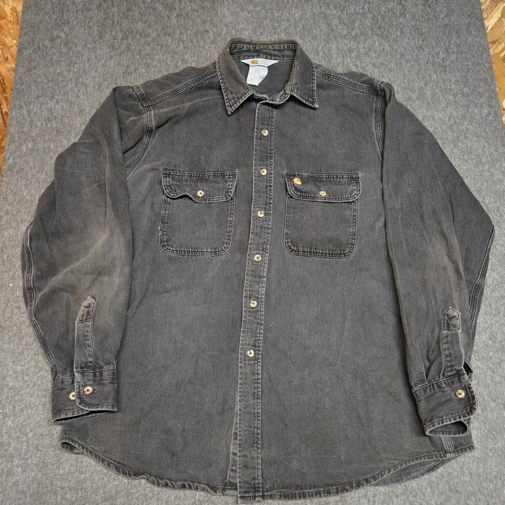 Vintage 90s Carhartt Canvas Work Shirt Mens L Black Long Sleeve Rugged Button Up